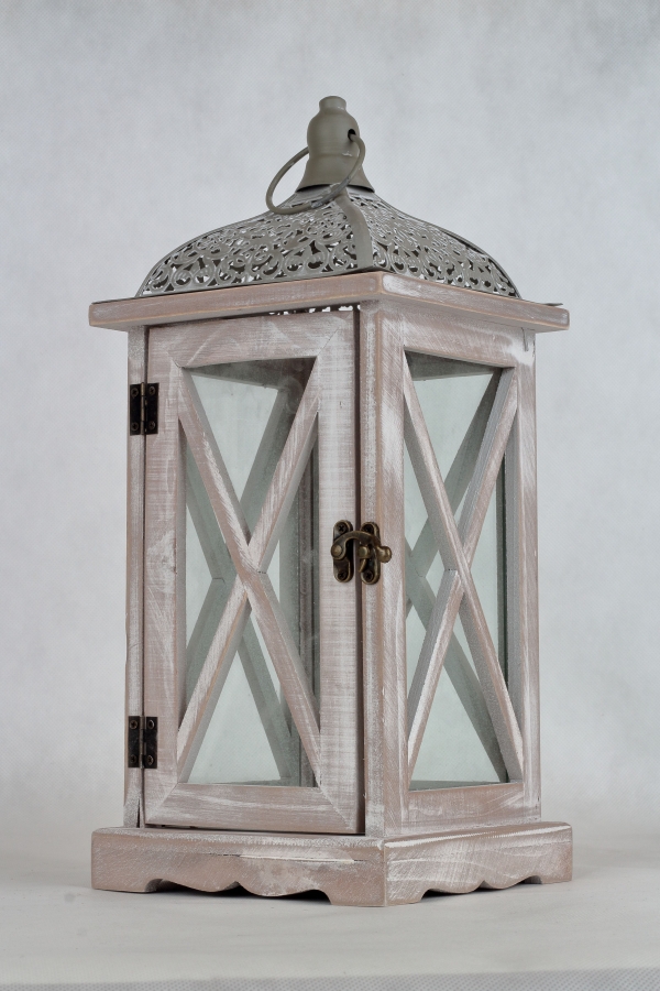 Drevená lucerna bielošedá s patinou 16,5x16,5x38cm
