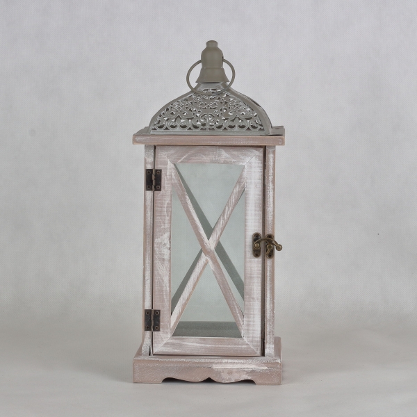 Drevená lucerna bielošedá s patinou 16,5x16,5x38cm