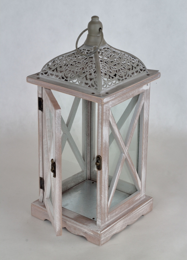 Drevená lucerna bielošedá s patinou 16,5x16,5x38cm