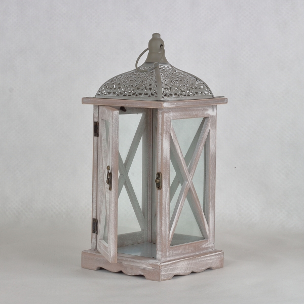 Drevená lucerna bielošedá s patinou 16,5x16,5x38cm