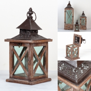 Drevená lucerna tmavá s kovovou strieškou 36cm