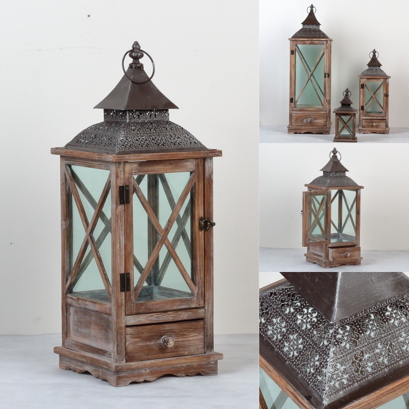 Drevená lucerna tmavá s kovovou strieškou 64cm