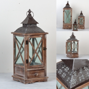 Drevená lucerna tmavá s kovovou strieškou 64cm