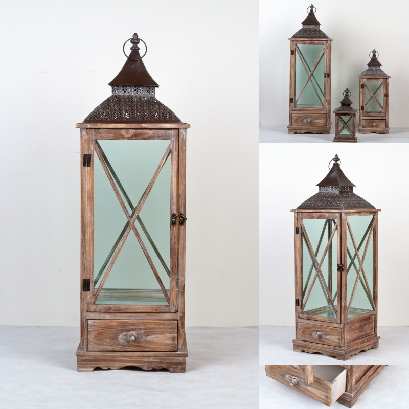 Drevená lucerna tmavá s kovovou strieškou 95cm