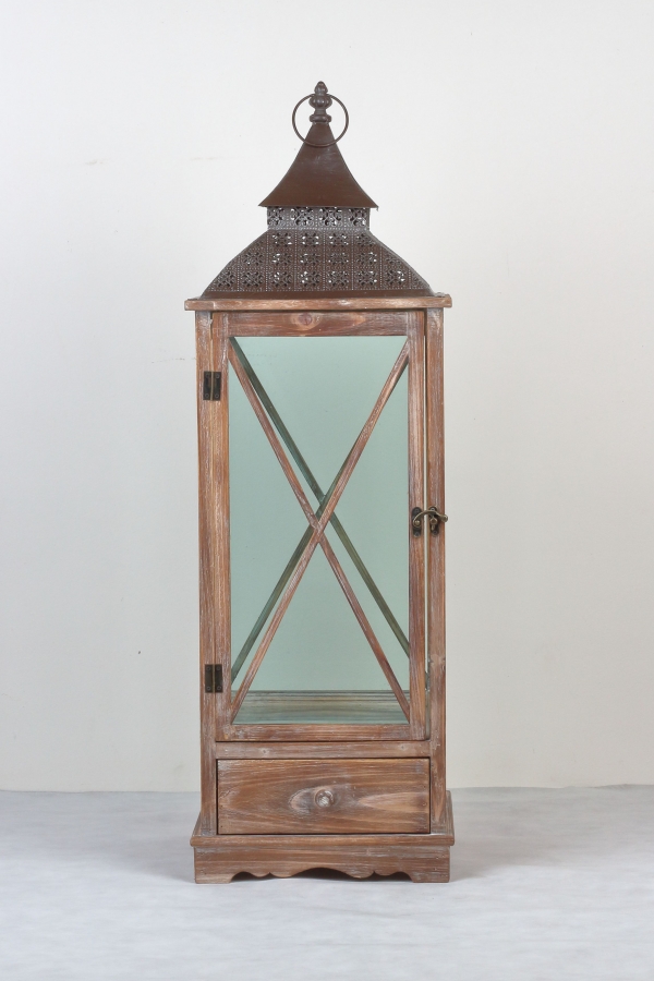 Drevená lucerna tmavá s kovovou strieškou 95cm