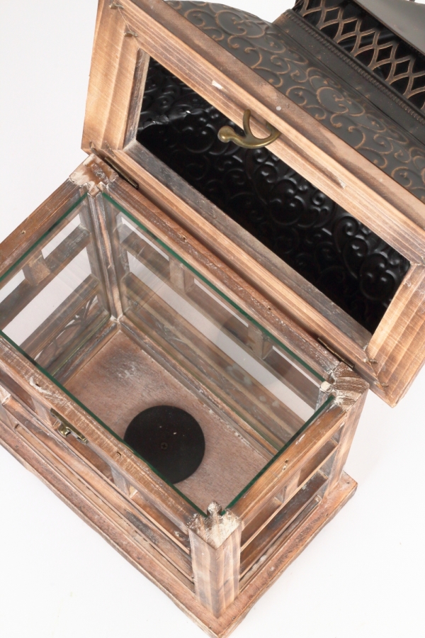 Drevená lucerna tmavo hnedá s kovovou strieškou 46cm