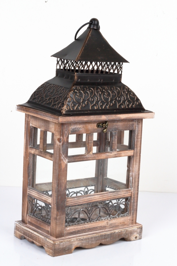 Drevená lucerna tmavo hnedá s kovovou strieškou 46cm