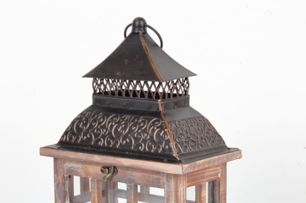 Drevená lucerna tmavo hnedá s kovovou strieškou 46cm