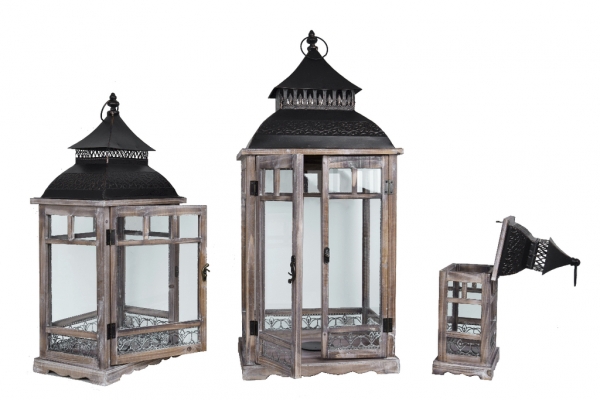 Drevená lucerna tmavo hnedá s kovovou strieškou 46cm