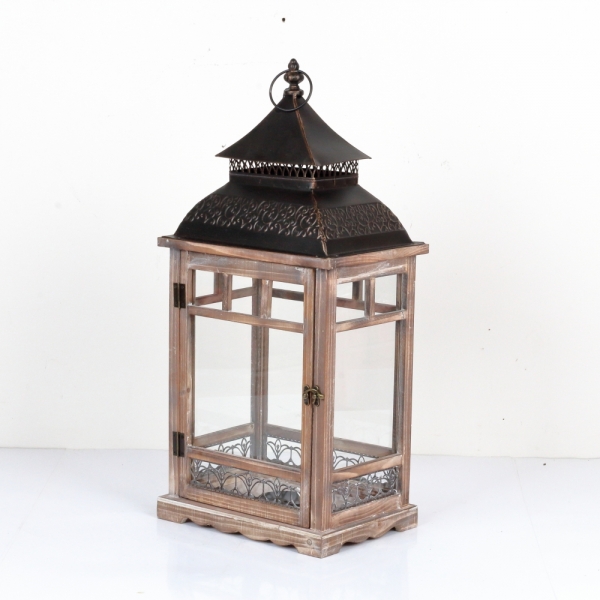 Drevená lucerna tmavo hnedá s kovovou strieškou 66cm