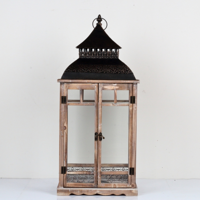 Drevená lucerna tmavo hnedá s kovovou strieškou 86cm