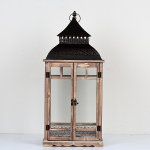 Drevená lucerna tmavo hnedá s kovovou strieškou 86cm