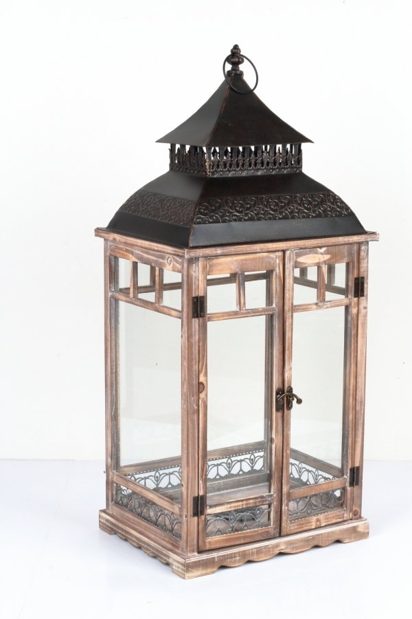 Drevená lucerna tmavo hnedá s kovovou strieškou 86cm