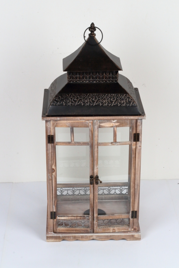 Drevená lucerna tmavo hnedá s kovovou strieškou 86cm