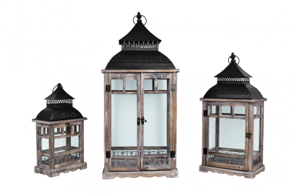 Drevená lucerna tmavo hnedá s kovovou strieškou 86cm