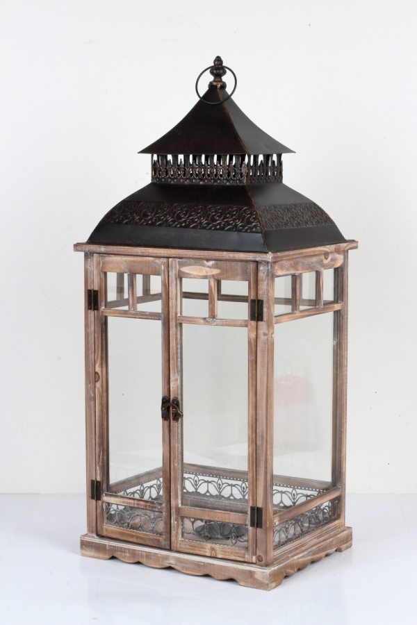 Drevená lucerna tmavo hnedá s kovovou strieškou 86cm