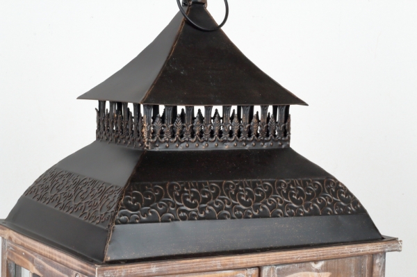 Drevená lucerna tmavo hnedá s kovovou strieškou 86cm