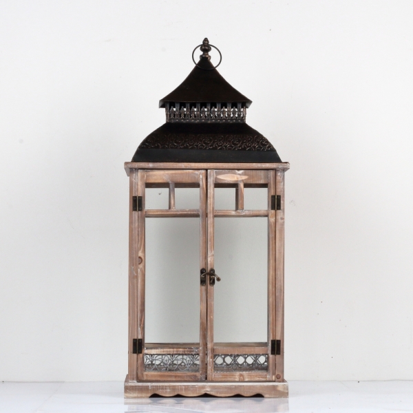 Drevená lucerna tmavo hnedá s kovovou strieškou 86cm