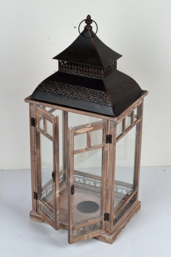 Drevená lucerna tmavo hnedá s kovovou strieškou 86cm