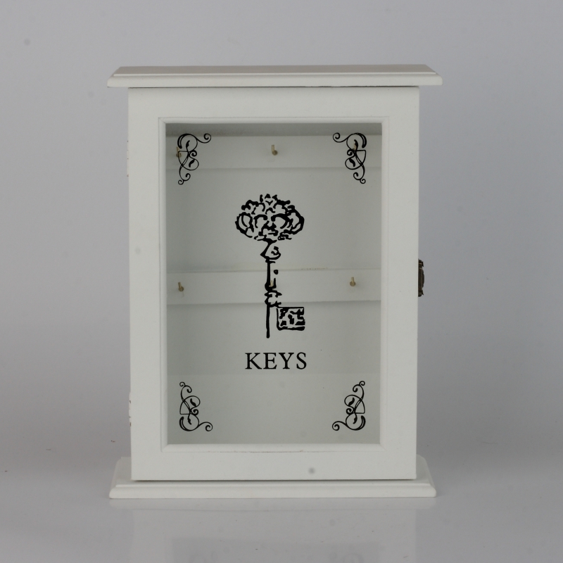 Drevená nástenná skrinka na kľúče biela 30x21x9cm