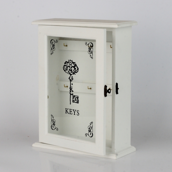 Drevená nástenná skrinka na kľúče biela 30x21x9cm