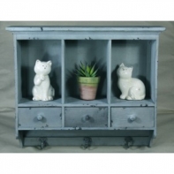 Drevená polička so zásuvkami a háčiky 51cm