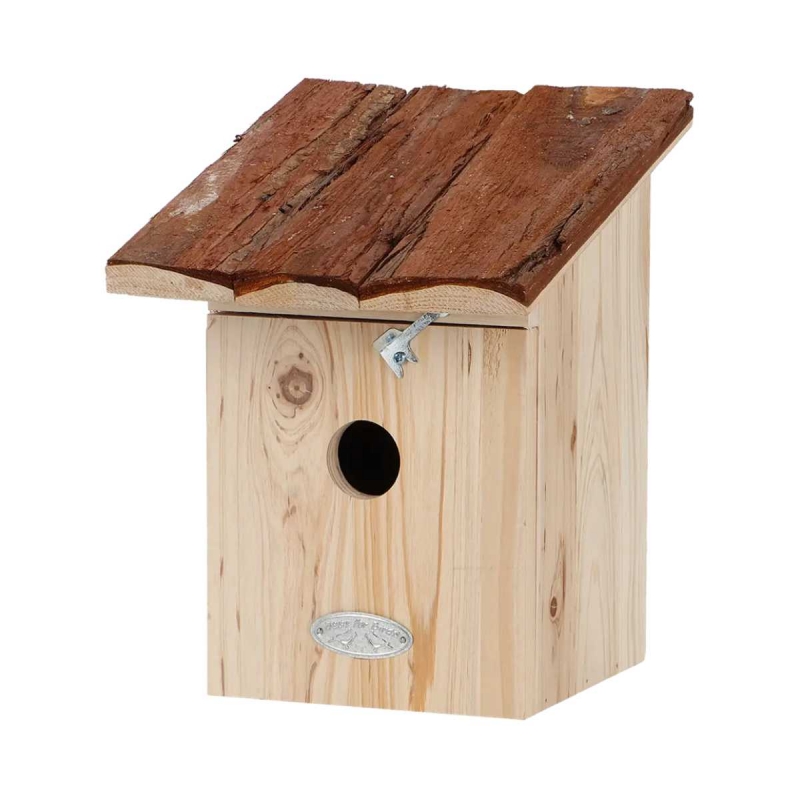 Drevená vtáčia búdka pre sýkorku veľkú s kôrovou strieškou 24 cm