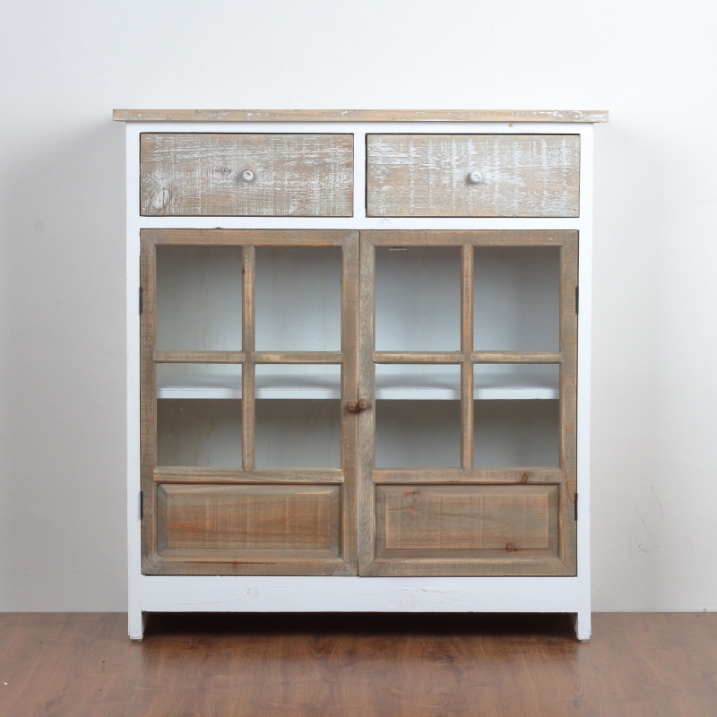 Drevená skrinka presklená s dvoma šuplíky 83x90x32cm