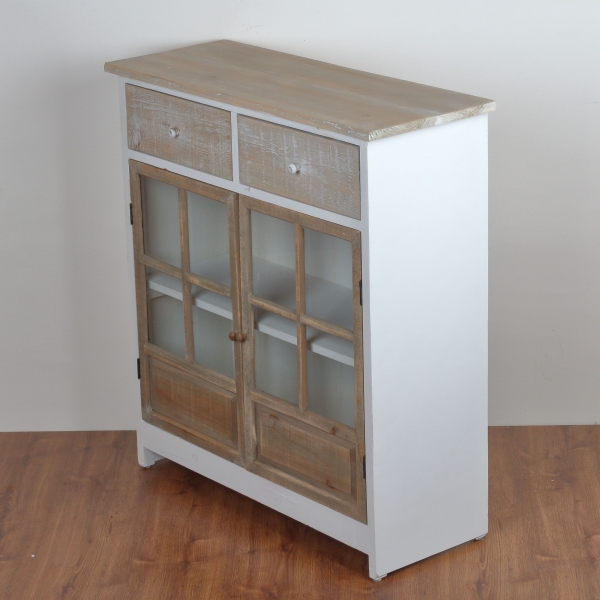 Drevená skrinka presklená s dvoma šuplíky 83x90x32cm