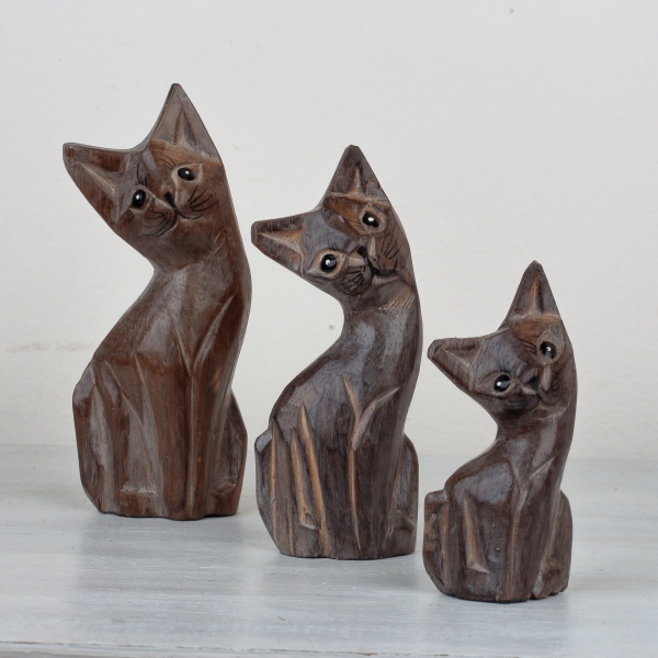 Drevená soška mačka hnedá 15/13/10cm  (sada 3ks)