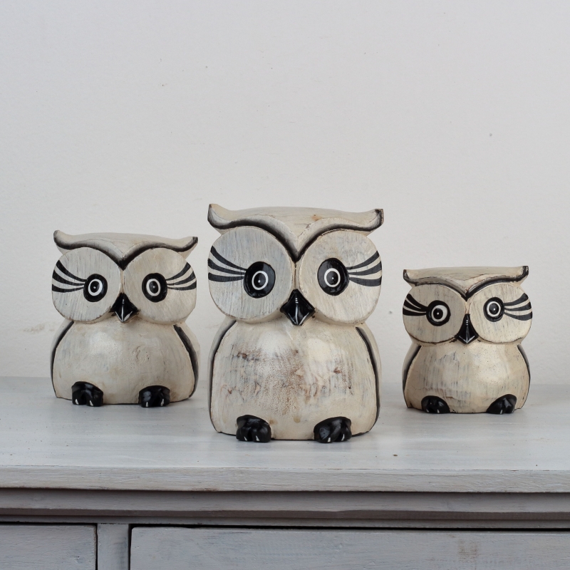 Drevená soška sova biela 15/12/10cm (set 3ks)