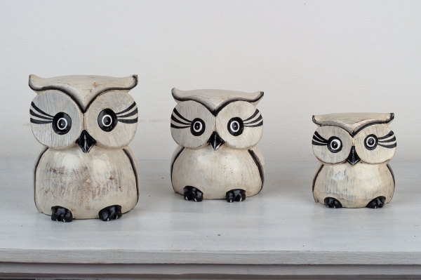 Drevená soška sova biela 15/12/10cm (set 3ks)