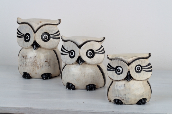 Drevená soška sova biela 15/12/10cm (set 3ks)