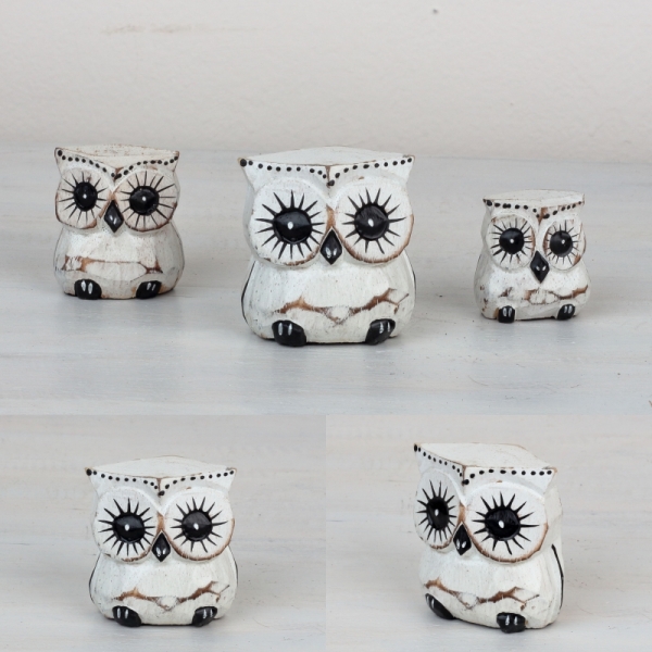 Drevená soška sova biela 6/4/3cm (set 3ks)