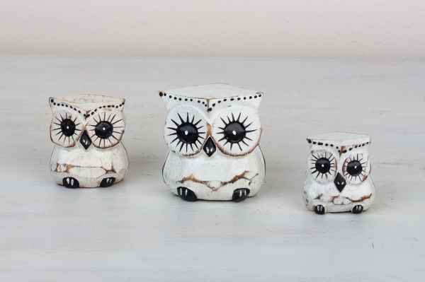 Drevená soška sova biela 6/4/3cm (set 3ks)