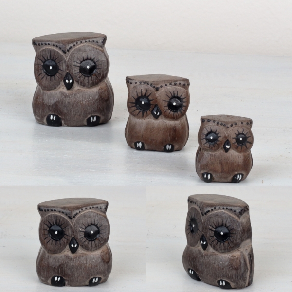 Drevená soška sova sivá 6/4/3cm (set 3ks)