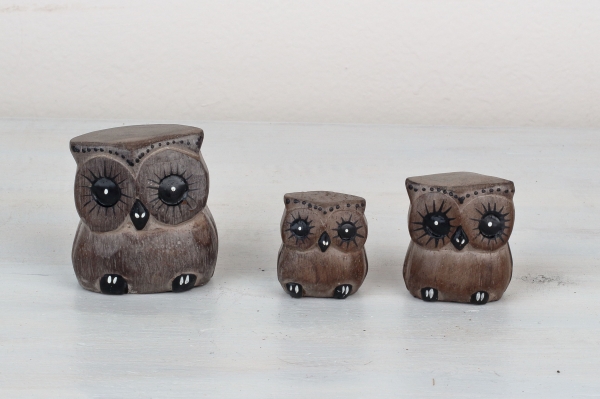 Drevená soška sova sivá 6/4/3cm (set 3ks)