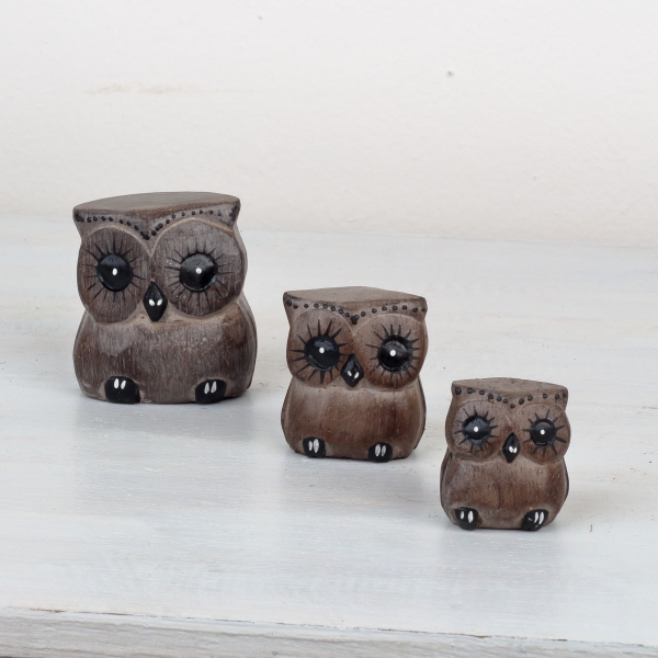 Drevená soška sova sivá 6/4/3cm (set 3ks)