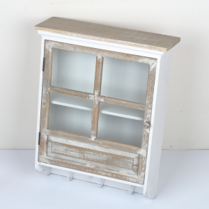 Drevená závesná skrinka so sklom a 3 háčiky 41x57x15cm