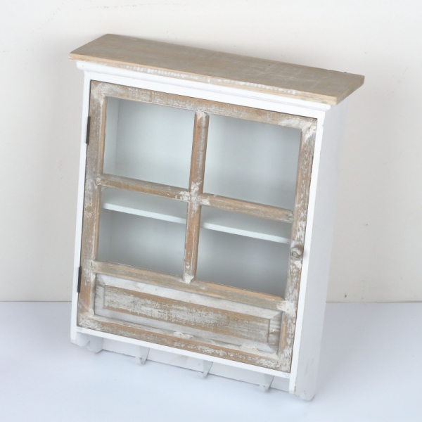 Drevená závesná skrinka so sklom a 3 háčiky 41x57x15cm