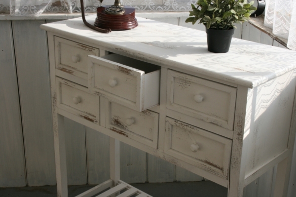 Drevený biely konzolový stôl so 6 zásuvkami 100x90x40cm