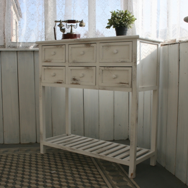 Drevený biely konzolový stôl so 6 zásuvkami 100x90x40cm