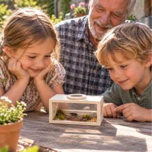 Drevený box na pozorovanie hmyzu pre deti s lupami 3× a 5× – 18 cm