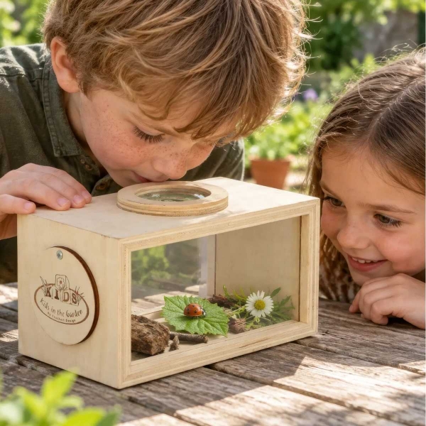 Drevený box na pozorovanie hmyzu pre deti s lupami 3× a 5× – 18 cm