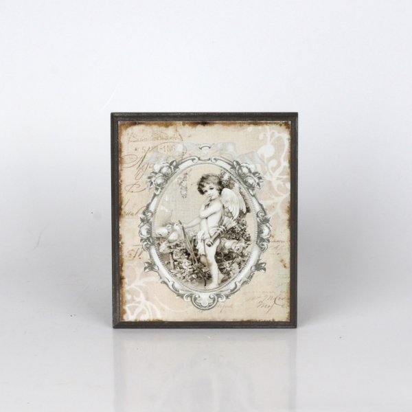 Drevený vintage obraz anjel 14x12cm