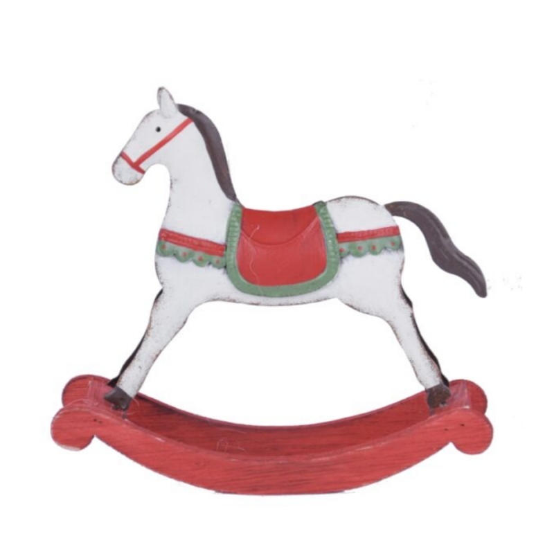 Hojdací kôň biely s červenými a zelenými detailmi väčší 27 x 5 x 25 cm drevený