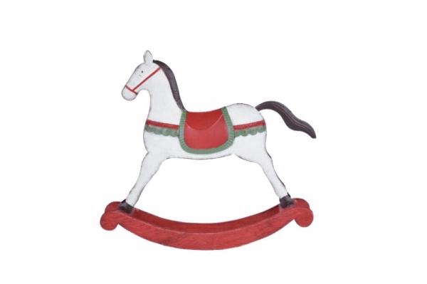 Hojdací kôň biely s červenými a zelenými detailmi väčší 27 x 5 x 25 cm drevený