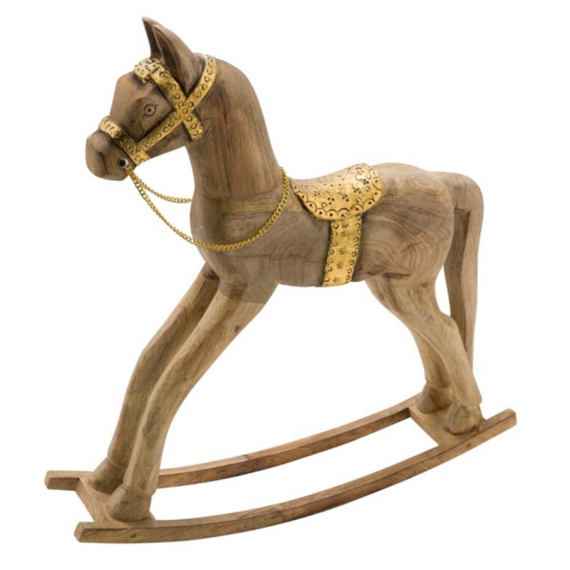 Hojdací kôň hnedý so zlatými detailmi 38 x 12 x 28 cm drevený