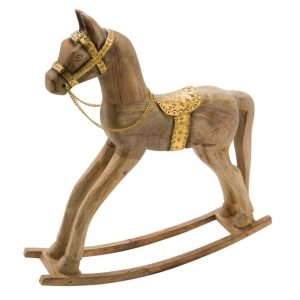 Hojdací kôň hnedý so zlatými detailmi 38 x 12 x 28 cm drevený