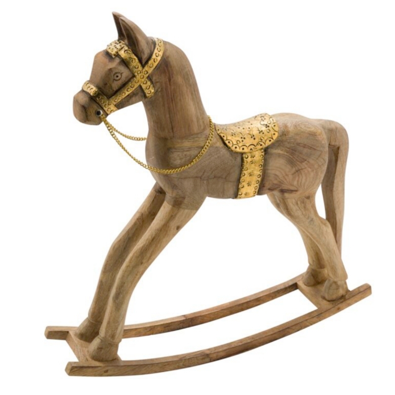 Hojdací kôň hnedý so zlatými detailmi 50 x 14 x 36 cm drevený